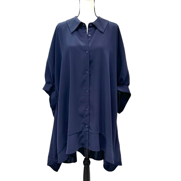 WHY DRESS NAVY VERY OVERSIZED BUTTON DOWN SWING TRAPEZE DRESS - FITS PLUS SIZE - Picture 1 of 14